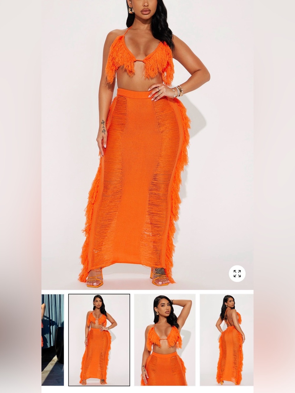 Fashion Nova * Fringed Knit Maxi Skirt - 2 Piece Set Orange